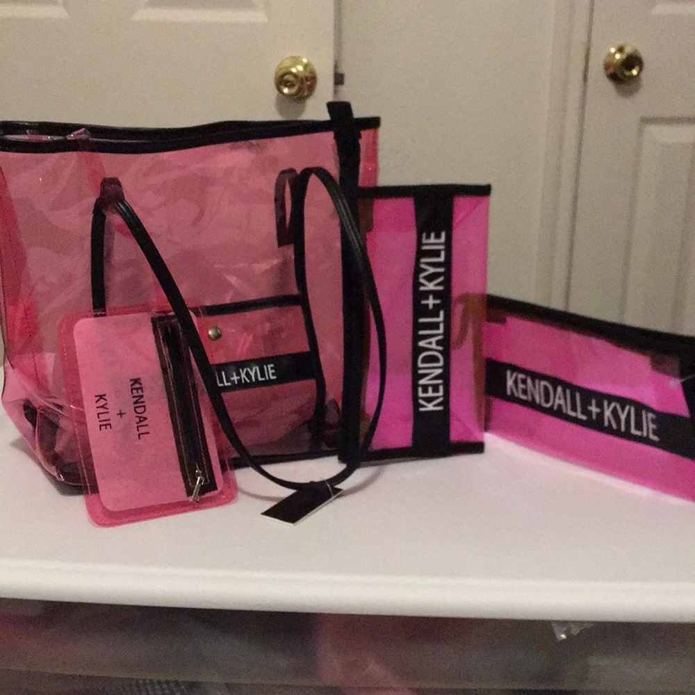 Kendall+Kylie Pink clear tote with 2 Makeup bags